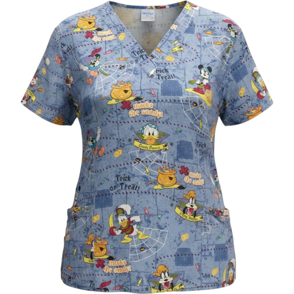 Disney Halloween Scrub Top Womens 2X Mickey Donald Goofy Pirate Trick Treat